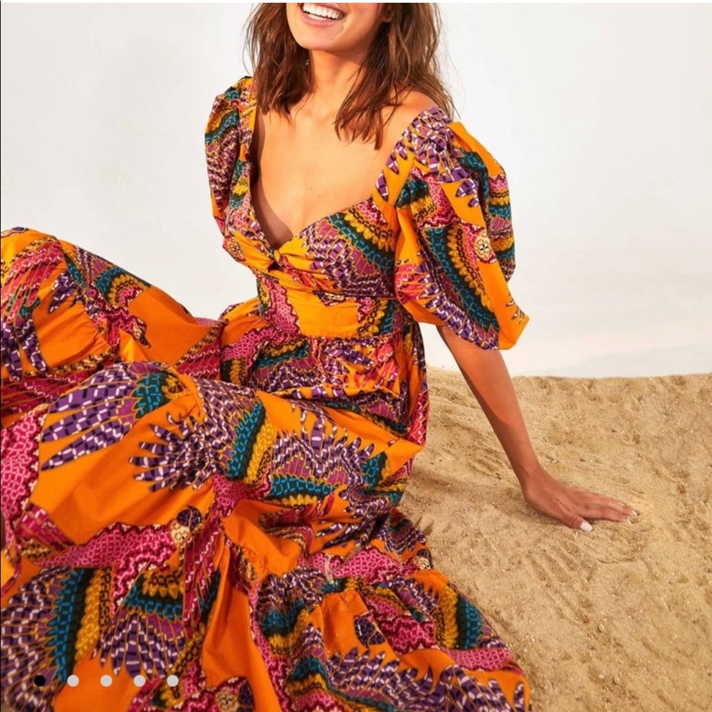 NWT farm rio Macau puff sleeve midi dress in orange